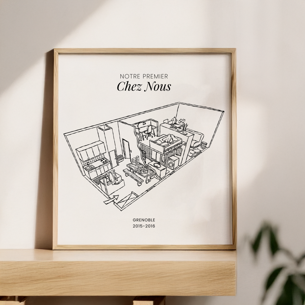 illustration noir et blanc d'un intérieur personnalisé encadré
