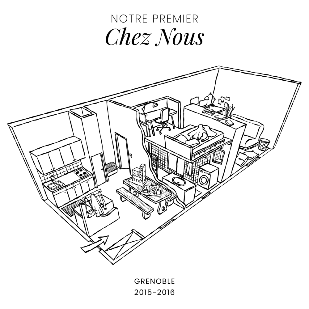 Portrait de lieu intérieur illustré, dessin décoratif et poétique