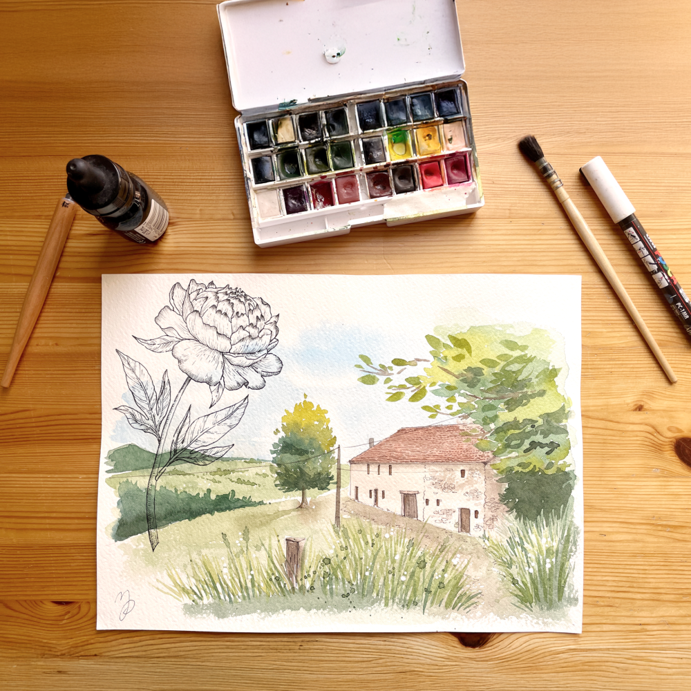 illustration aquarelle et matériel, maison de famille souvenir personnalisée