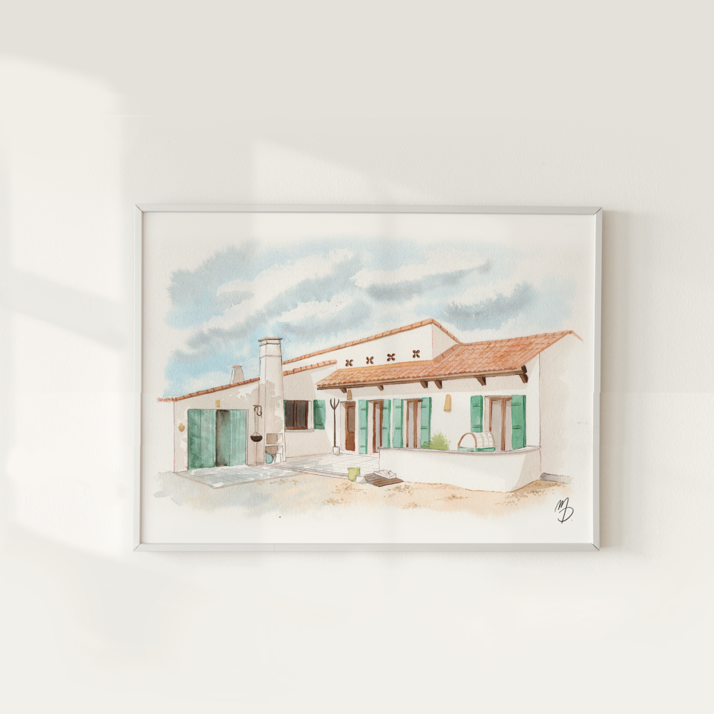 illustration aquarelle encadrée de maison de famille, souvenirs