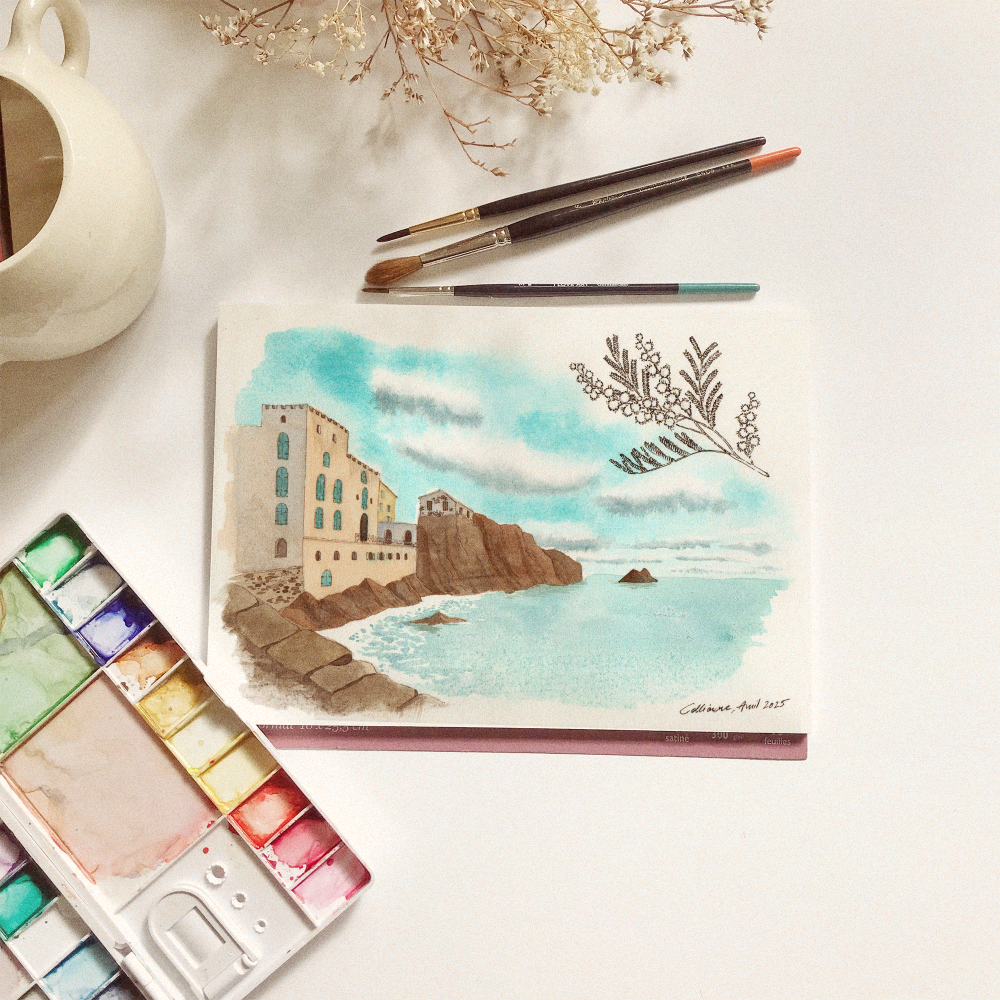 illustration aquarelle pour souvenir de voyage - village du sud