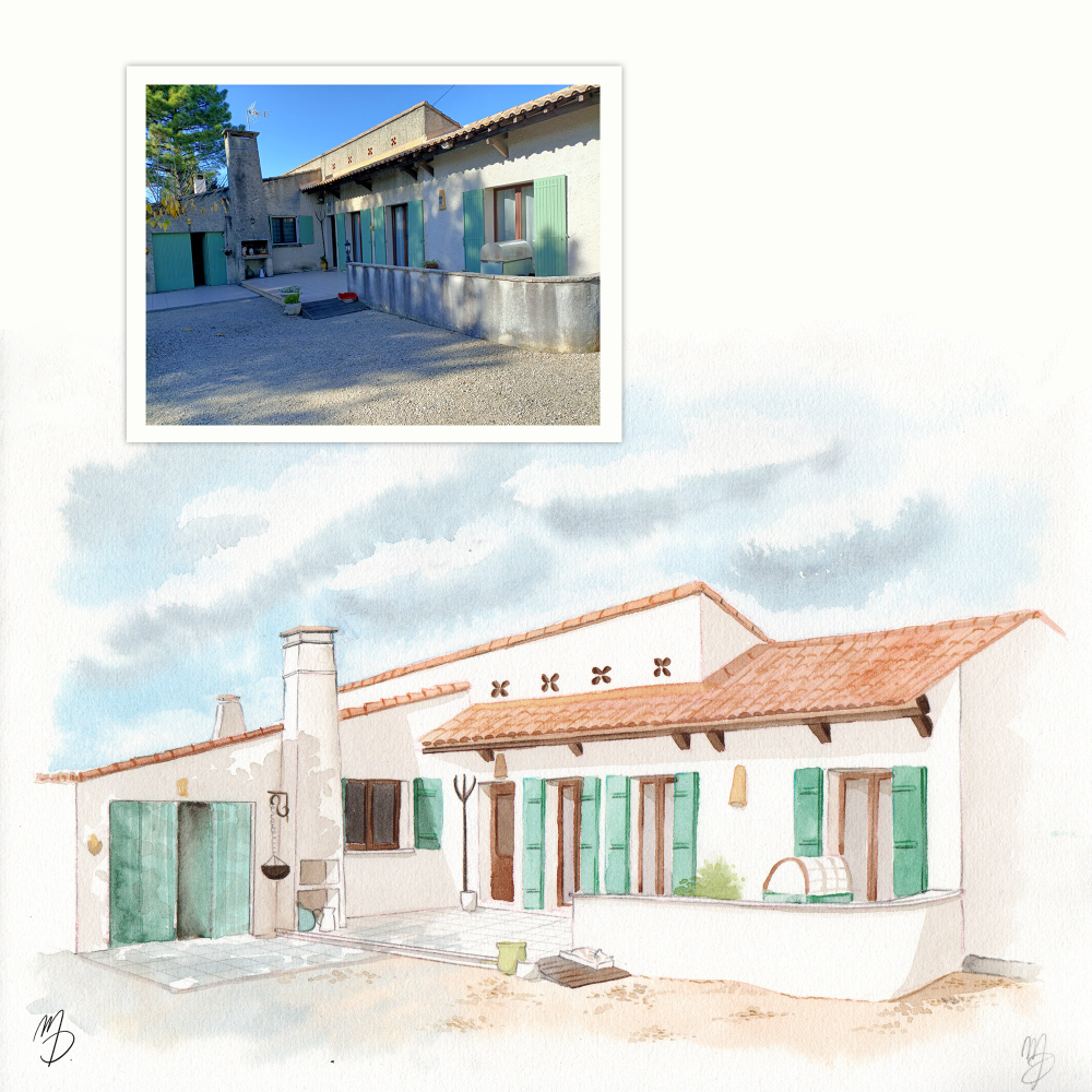 Portrait de lieu illustré à l’aquarelle, dessin architectural maison, souvenir grand parents, comparaison référence