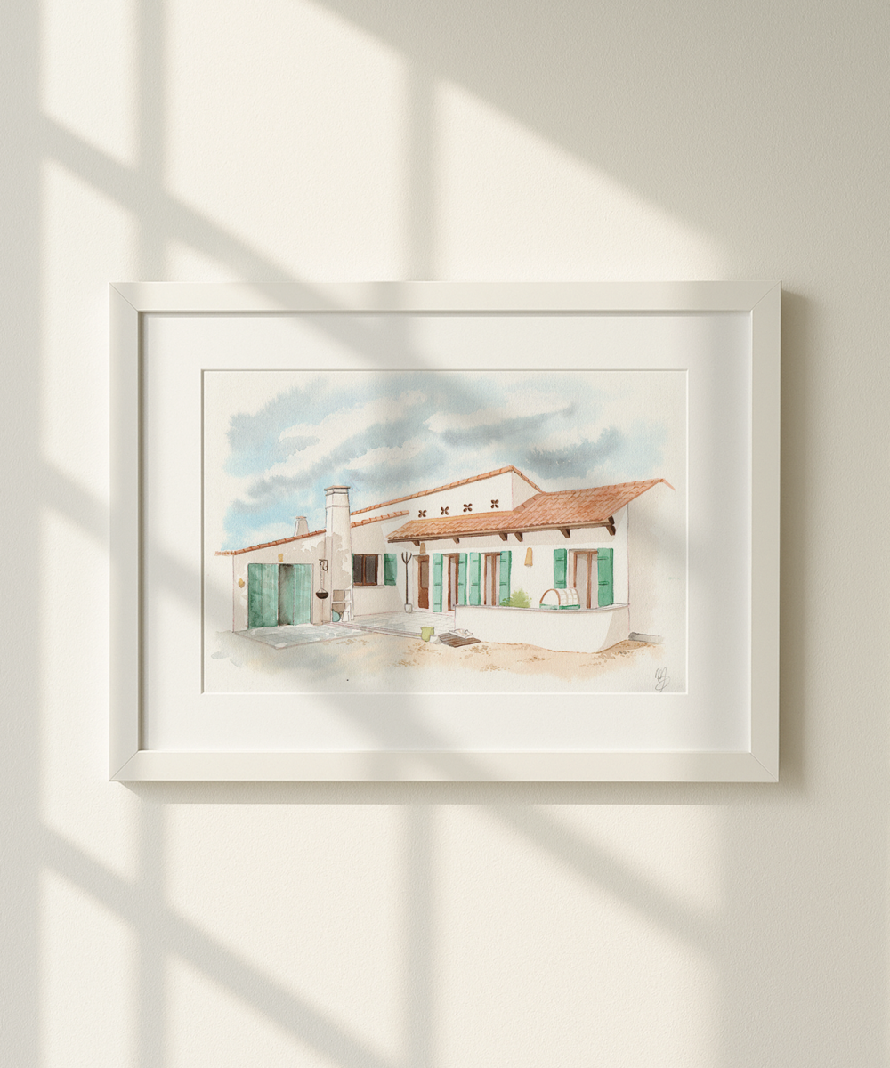 illustration aquarelle encadrée de maison de famille, souvenirs, avec reflet du soleil sur le mur