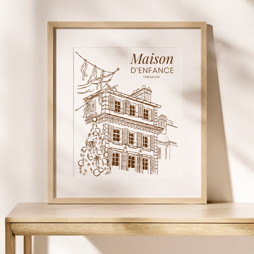 Illustration monochrome d’une façade dessinée à la main, souvenir