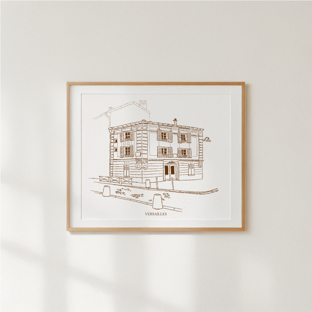 illustration souvenir de façade, au trait, monochrome, encadré