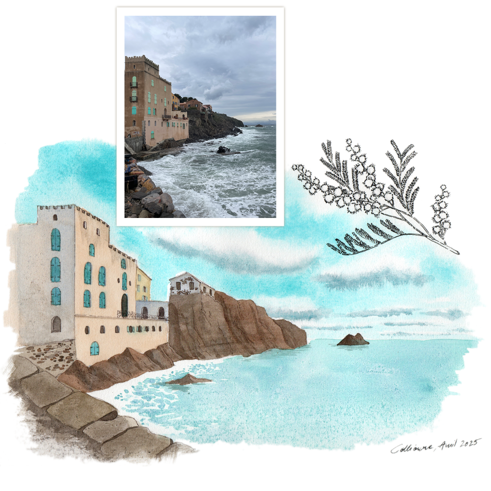 Portrait de lieu illustré à l’aquarelle, dessin architectural poétique, comparaison référence